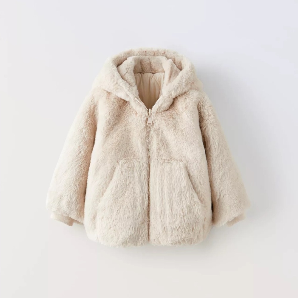 Zara Cream Fuzzy Kids Hooded Puffer